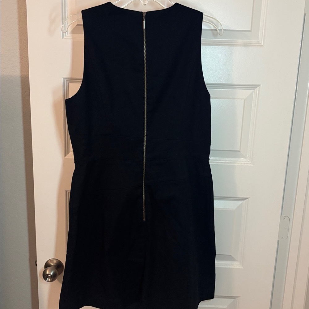 Cue Navy Mini shift Dress SZ 10 cotton stretch belt loop minimalist career wear - Picture 2 of 15
